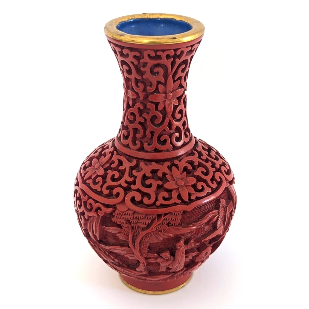 Vintage/Estate Red Carved Chinese Cinnabar Vase With Brass and Blue Enamel